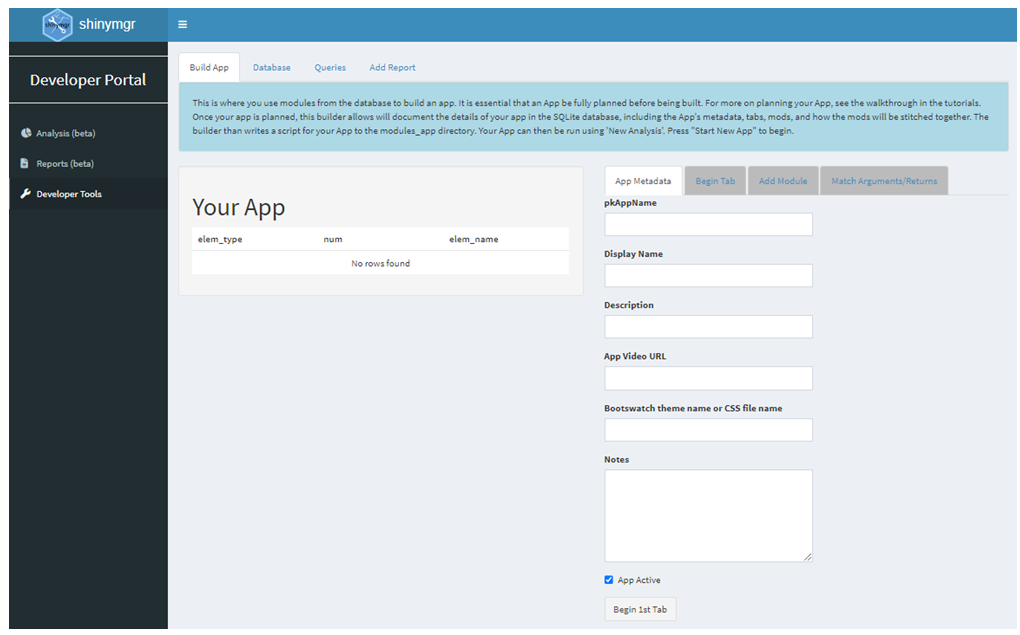 The shinymgr Developer Portal layout, showing the app builder in the Developer Tools.