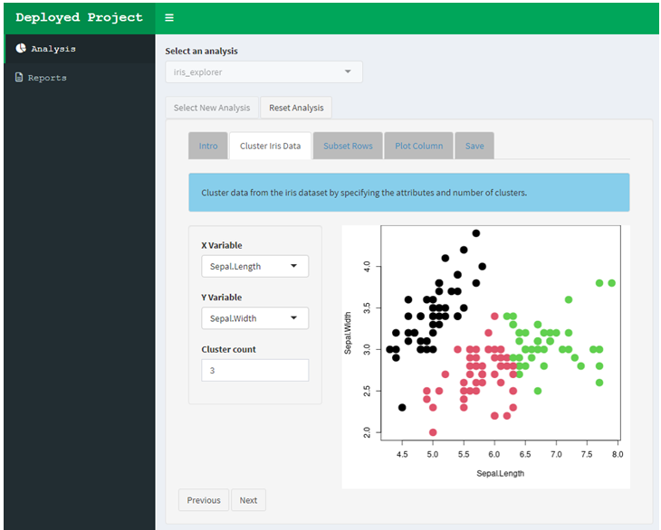 An example of a deployed shinymgr app. The deployed version excludes the Developers Tools tab and is an example of what the end user sees when using a deployed app.